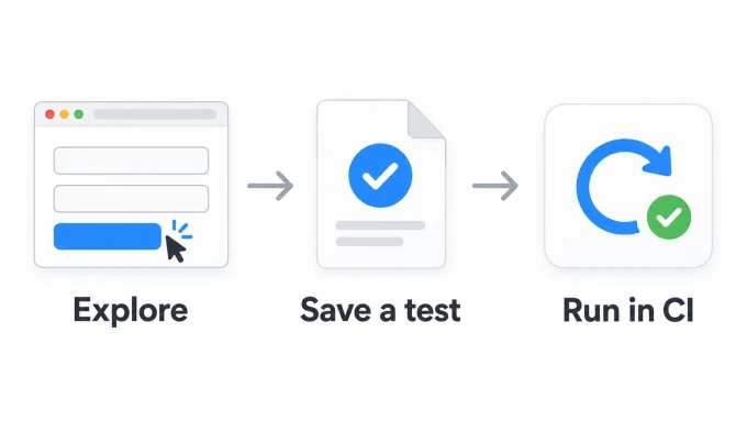 Explore the app in a browser, save a regression test, then run it in CI.