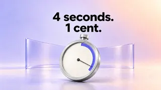 4 seconds. 1 cent. A brushed-aluminum stopwatch with a violet arc over a third of its dial.