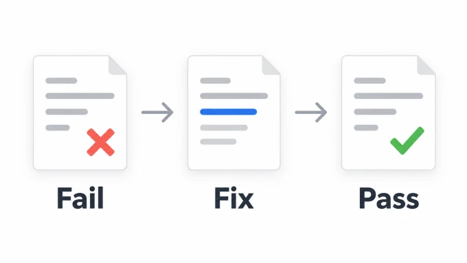 A failing test, a focused code change, and a passing test, connected in order.
